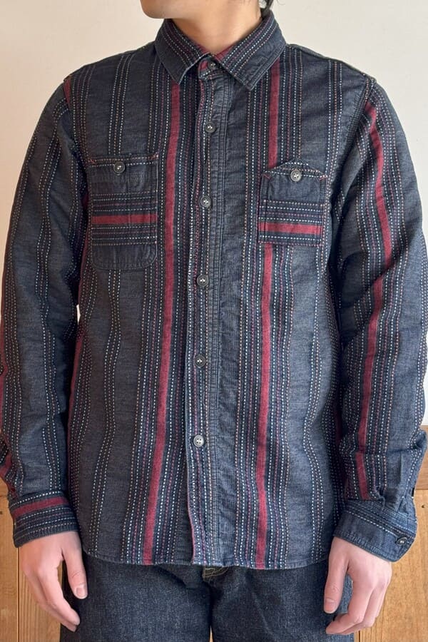 【BlueTrick】刺子ストライプワークシャツ(メンズ)