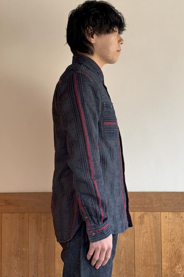 【BlueTrick】刺子ストライプワークシャツ(メンズ)