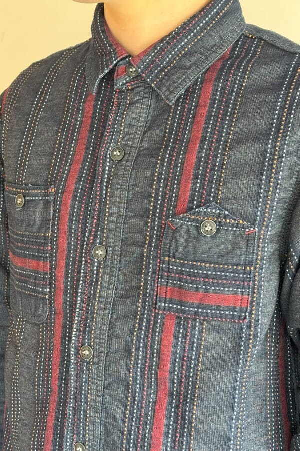 【BlueTrick】刺子ストライプワークシャツ(メンズ)