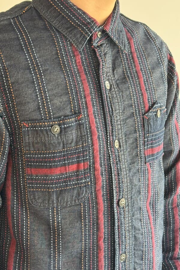 【BlueTrick】刺子ストライプワークシャツ(メンズ)