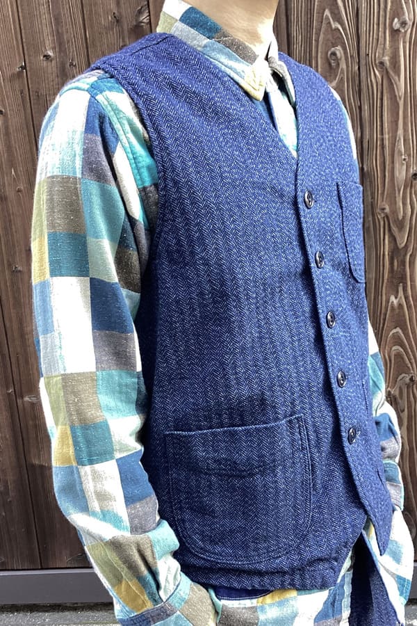 【BlueTrick】インディゴヘリンボーンベスト(メンズ)