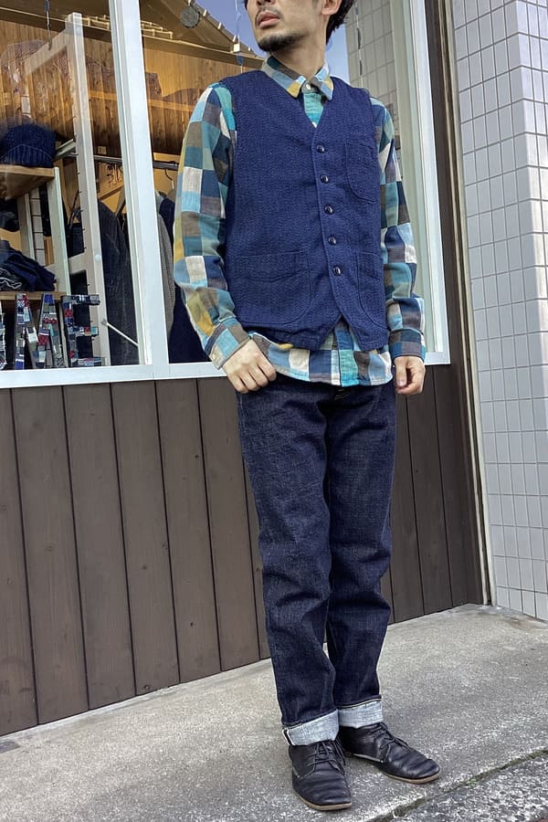 【BlueTrick】インディゴヘリンボーンベスト(メンズ)