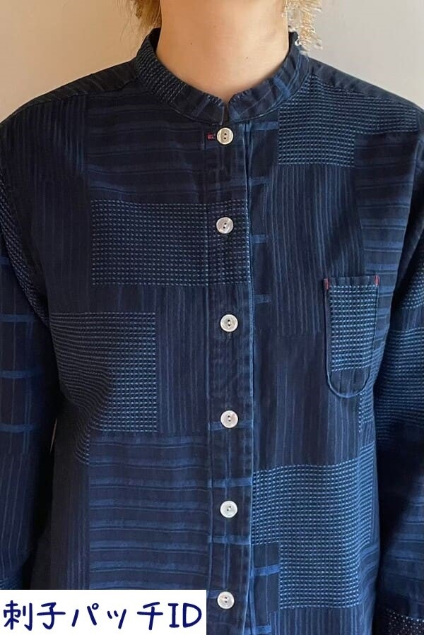 【BlueTrick】 レディース スタンドカラーシャツ 刺子パッチ