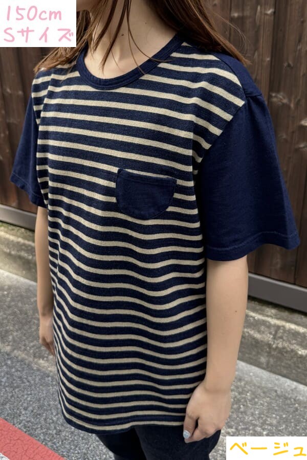 【BlueTrick】 IDニットボーダー半袖Tシャツ ベージュ/オリーブ(ユニセックス)