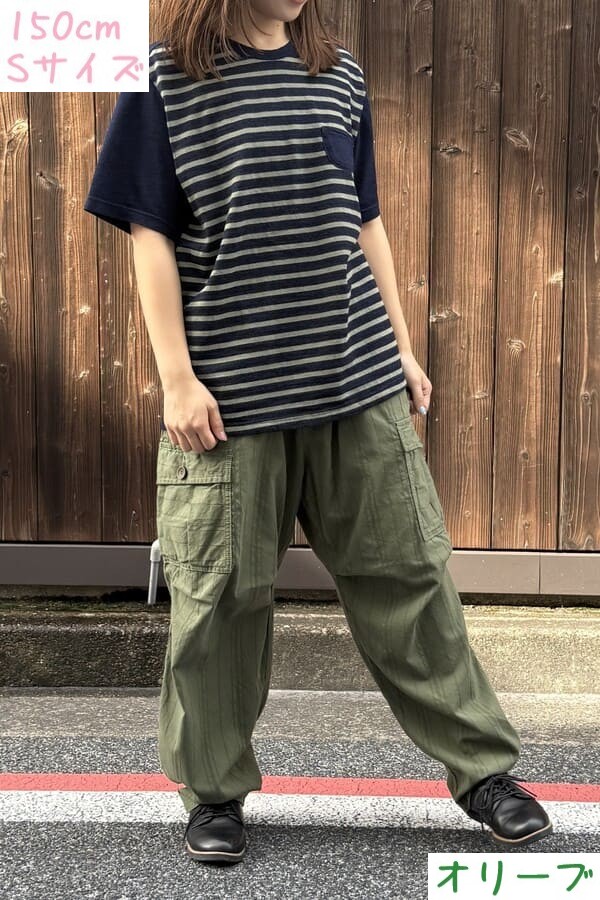 【BlueTrick】 IDニットボーダー半袖Tシャツ ベージュ/オリーブ(ユニセックス)