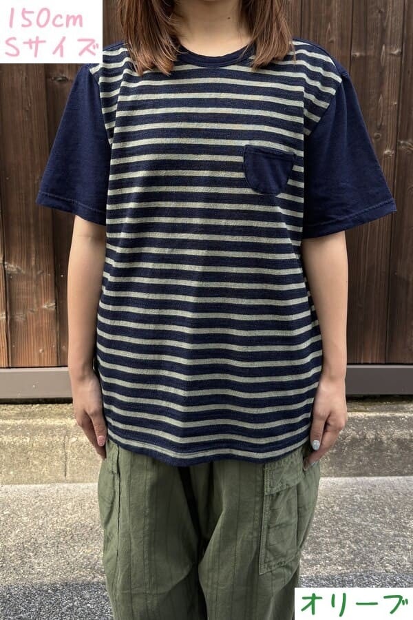 【BlueTrick】 IDニットボーダー半袖Tシャツ ベージュ/オリーブ(ユニセックス)