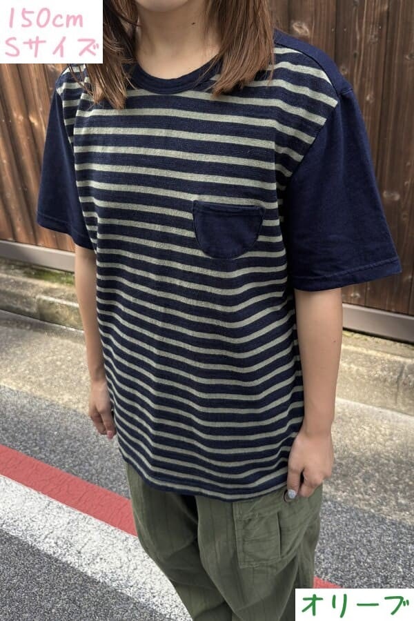 【BlueTrick】 IDニットボーダー半袖Tシャツ ベージュ/オリーブ(ユニセックス)