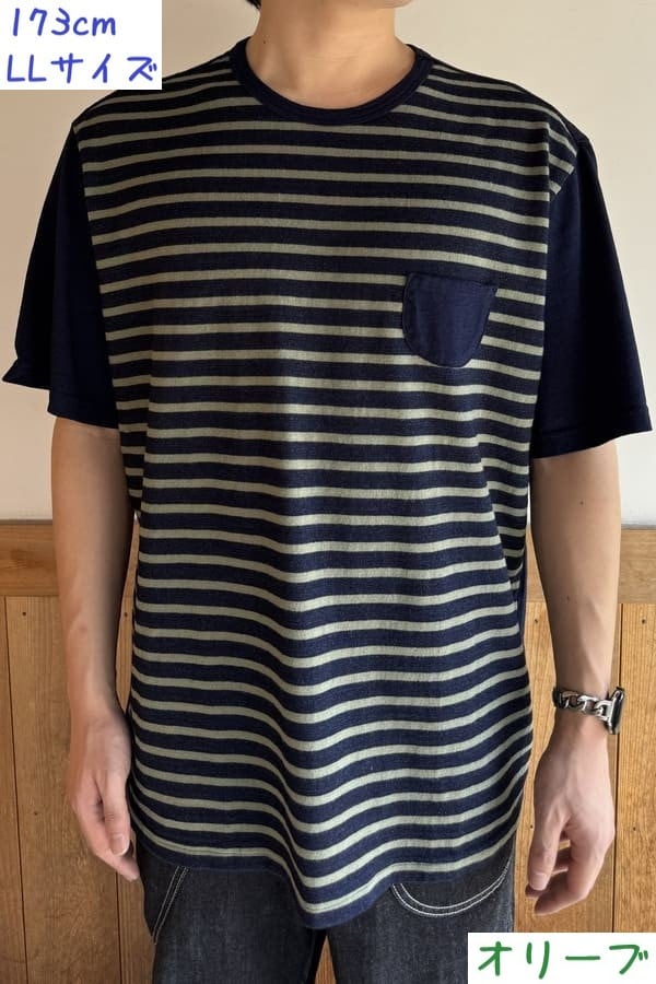 【BlueTrick】 IDニットボーダー半袖Tシャツ ベージュ/オリーブ(ユニセックス)