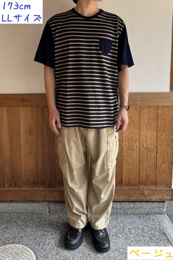 【BlueTrick】 IDニットボーダー半袖Tシャツ ベージュ/オリーブ(ユニセックス)