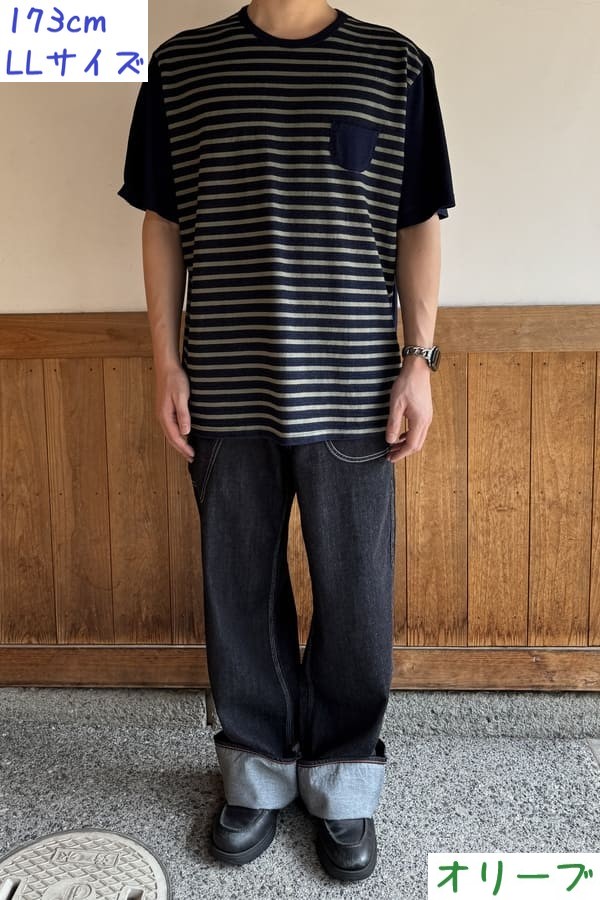 【BlueTrick】 IDニットボーダー半袖Tシャツ ベージュ/オリーブ(ユニセックス)