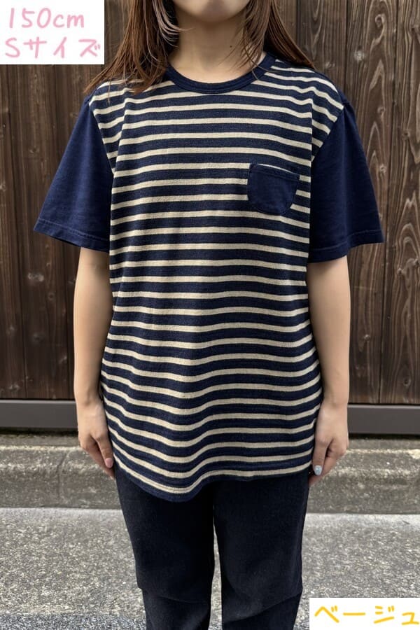 BlueTrick】 IDニットボーダー半袖Tシャツ ベージュ/オリーブ