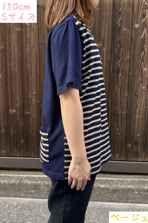 【BlueTrick】 IDニットボーダー半袖Tシャツ ベージュ/オリーブ(ユニセックス)
