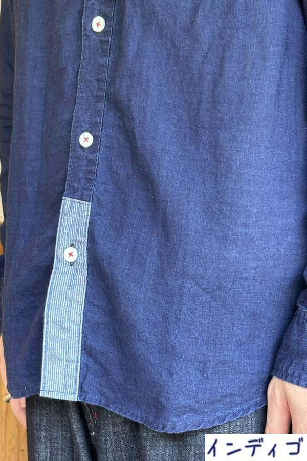 【BlueTrick】リネンパッチ台襟シャツ インディゴ/オフ(メンズ)