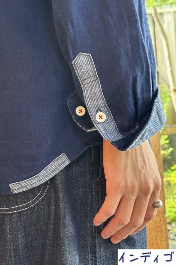 【BlueTrick】リネンパッチ台襟シャツ インディゴ/オフ(メンズ)