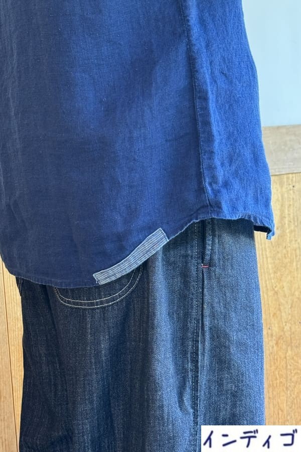 【BlueTrick】リネンパッチ台襟シャツ インディゴ/オフ(メンズ)