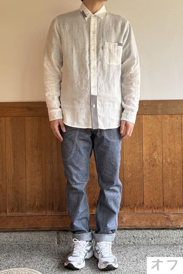 【BlueTrick】リネンパッチ台襟シャツ インディゴ/オフ(メンズ)