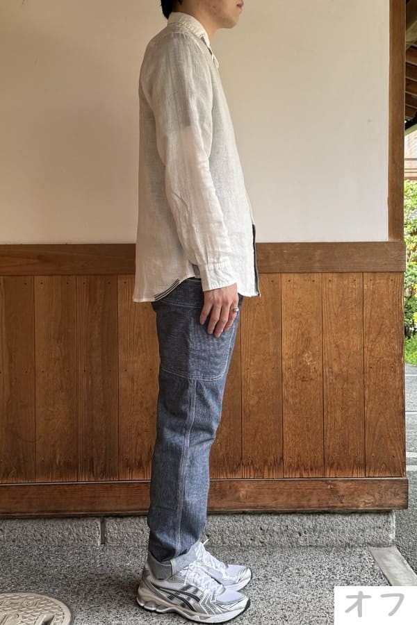 【BlueTrick】リネンパッチ台襟シャツ インディゴ/オフ(メンズ)