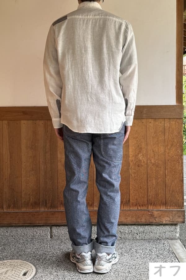 【BlueTrick】リネンパッチ台襟シャツ インディゴ/オフ(メンズ)