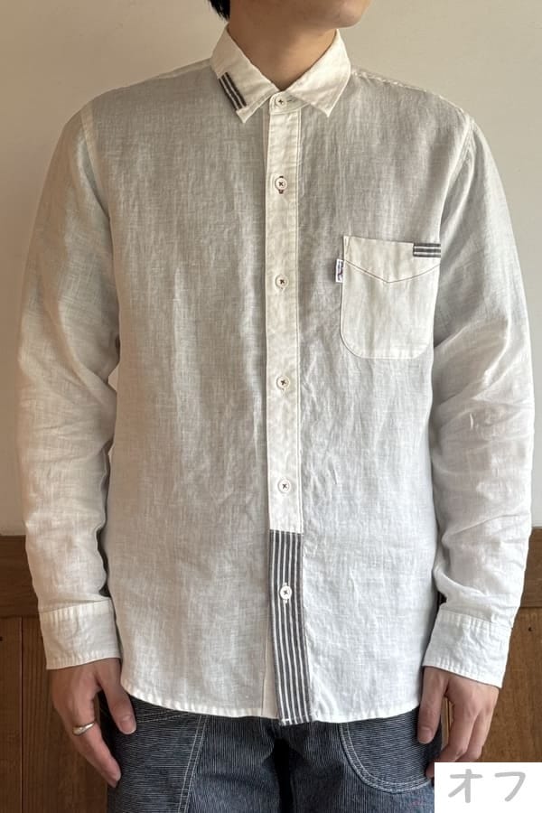 【BlueTrick】リネンパッチ台襟シャツ インディゴ/オフ(メンズ)