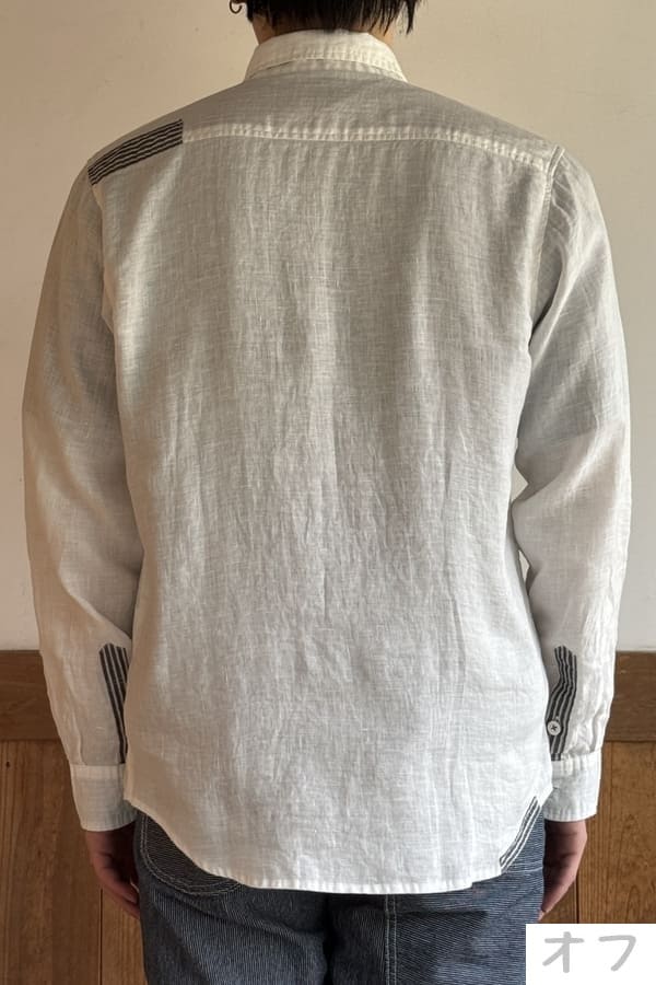 【BlueTrick】リネンパッチ台襟シャツ インディゴ/オフ(メンズ)