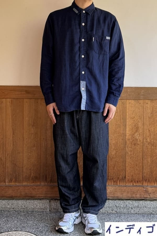 【BlueTrick】リネンパッチ台襟シャツ インディゴ/オフ(メンズ)