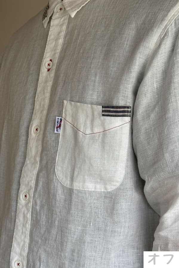 【BlueTrick】リネンパッチ台襟シャツ インディゴ/オフ(メンズ)