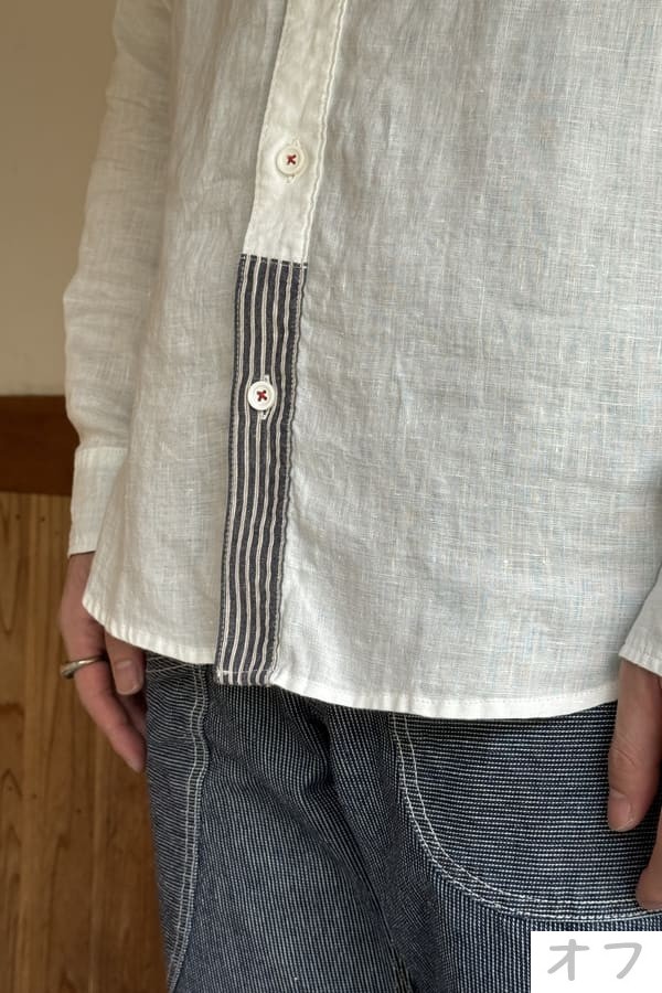 【BlueTrick】リネンパッチ台襟シャツ インディゴ/オフ(メンズ)