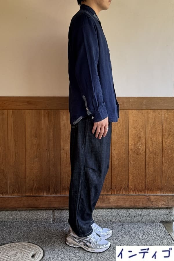 【BlueTrick】リネンパッチ台襟シャツ インディゴ/オフ(メンズ)