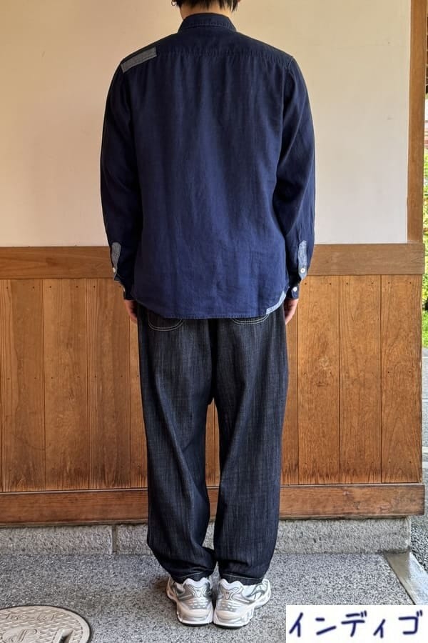 【BlueTrick】リネンパッチ台襟シャツ インディゴ/オフ(メンズ)