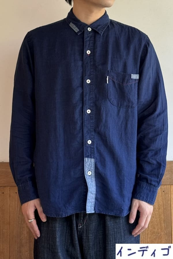 【BlueTrick】リネンパッチ台襟シャツ インディゴ/オフ(メンズ)