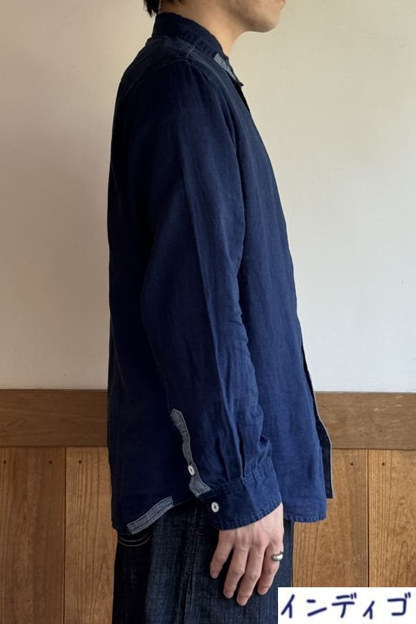 【BlueTrick】リネンパッチ台襟シャツ インディゴ/オフ(メンズ)