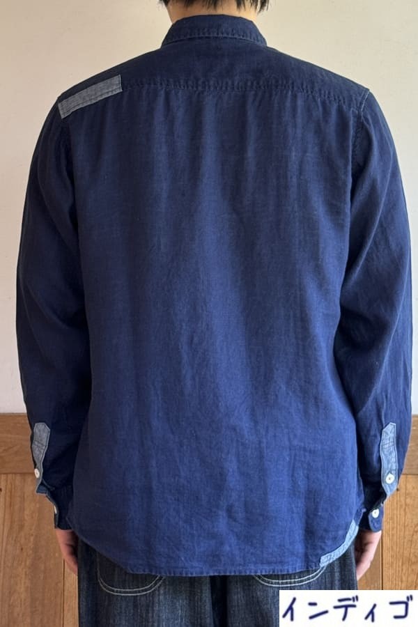 【BlueTrick】リネンパッチ台襟シャツ インディゴ/オフ(メンズ)