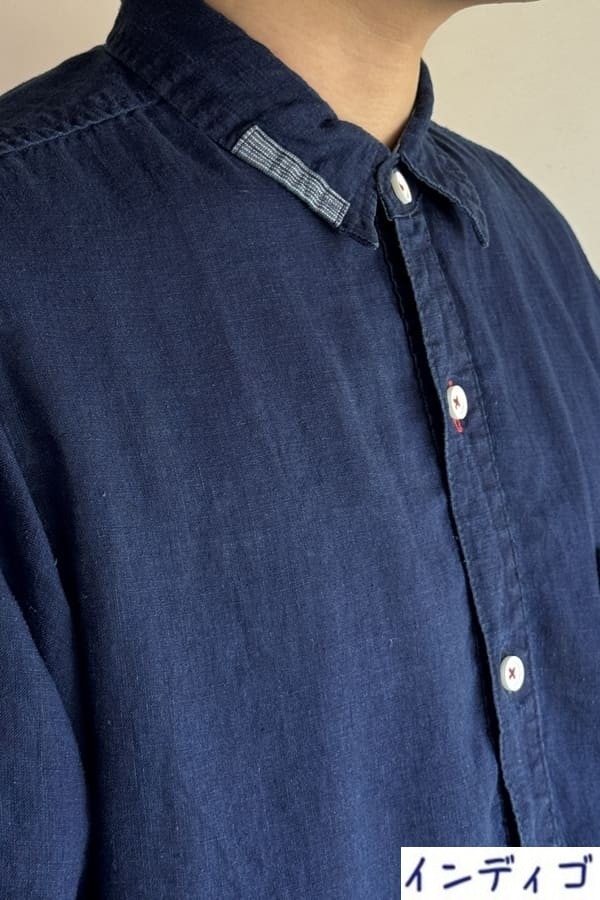 【BlueTrick】リネンパッチ台襟シャツ インディゴ/オフ(メンズ)