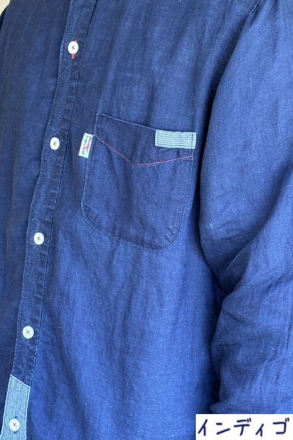 【BlueTrick】リネンパッチ台襟シャツ インディゴ/オフ(メンズ)