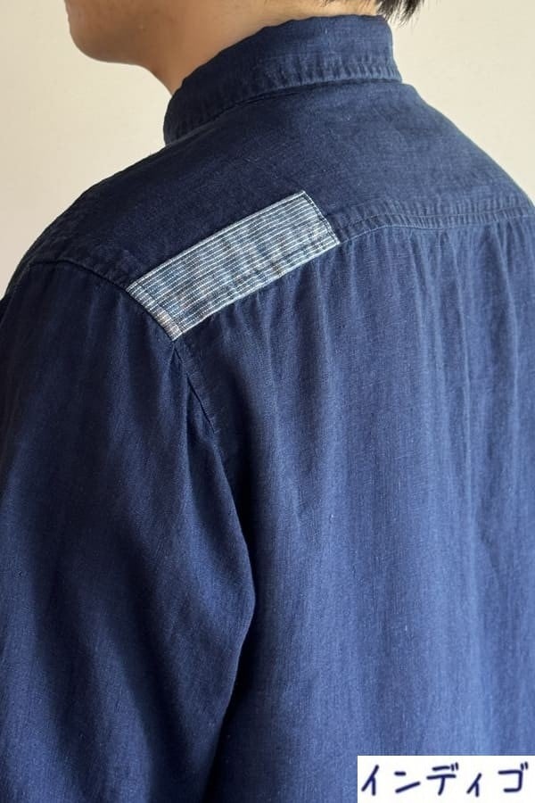 【BlueTrick】リネンパッチ台襟シャツ インディゴ/オフ(メンズ)