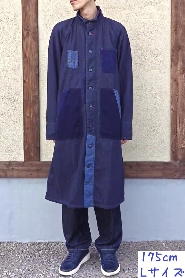 5今月限定特価 BLUE TRICK パッチワーク デニム ショップコート BlueTrick】 PKパッチ ロングショップコート （ユニセックス