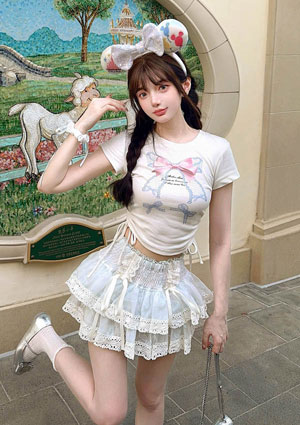 Bobon21 ミニスカート ガーリーファッションのミニリボンフリル裾ファースカート
