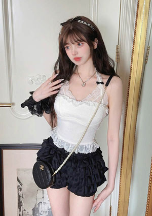 bobon21 肩出しリボンレースアップニットトップス ガーリーファッションの肩出しリボンレースアップニットトップス