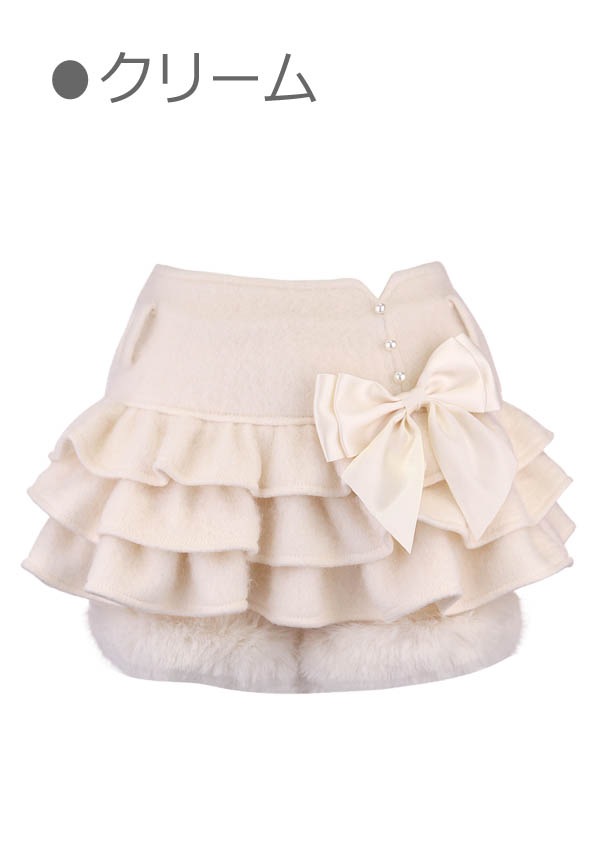 ガーリーファッションのミニリボンフリル裾ファースカート