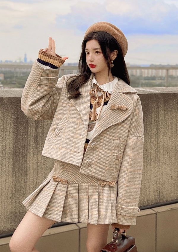 ガーリーファッションの英国風チェック柄ショート丈ジャケット Bobon21 ボボンニジュウイチ
