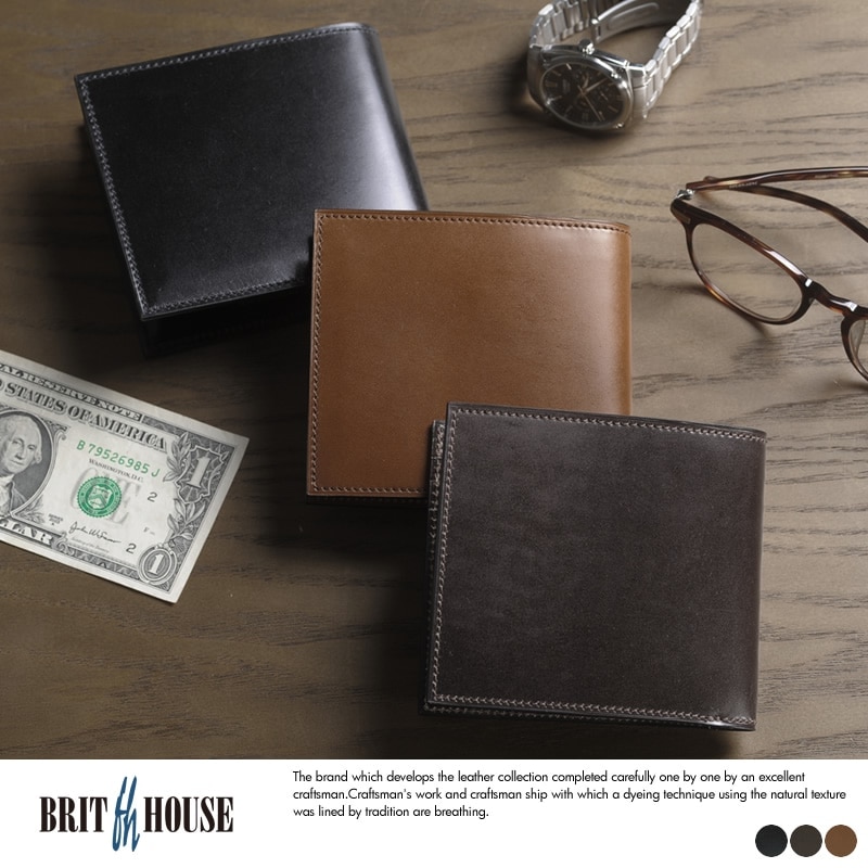 BRIT HOUSE ブリットハウス　コードバン 二つ折り財布　ブラウン　日本製 コードバン 二つ折り財布 メンズ box型小銭入れ 日本製 BRIT