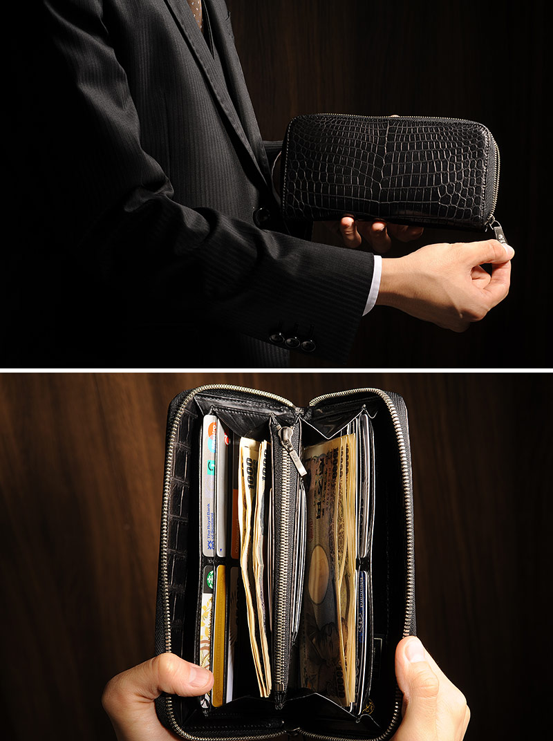 青木鞄 クロコダイル ラウンドファスナー長財布 日本製 センター取り