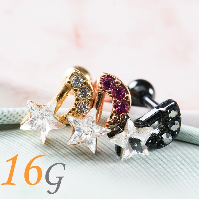 16g ピアス 耳たぶ ボディピアス 音符 星 ジュエル 16g ストレートバーベル トラガス 軟骨ピアス ヘリックス 耳たぶ k03-206