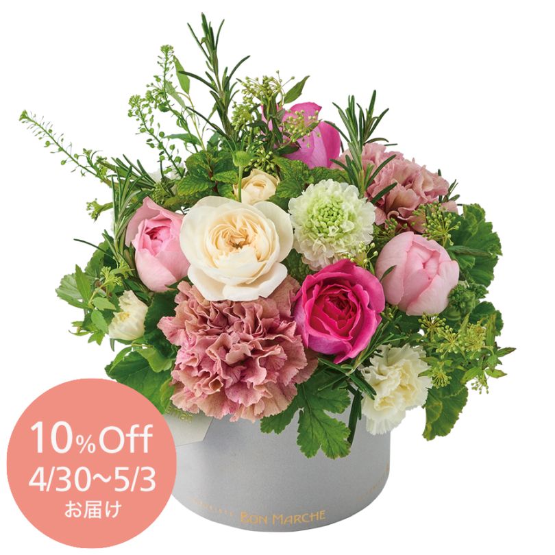 早期割 10%OFF【母の日】増田バラ園のフレグランスローズとカーネーションのBOXアレンジメント｜4/30～5/3お届け