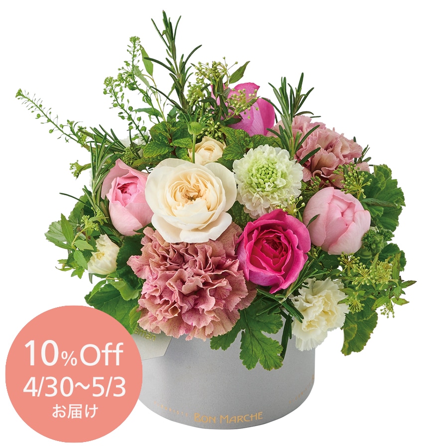 早期割 10%OFF【母の日】増田バラ園のフレグランスローズとカーネーションのBOXアレンジメント｜4/30～5/3お届け