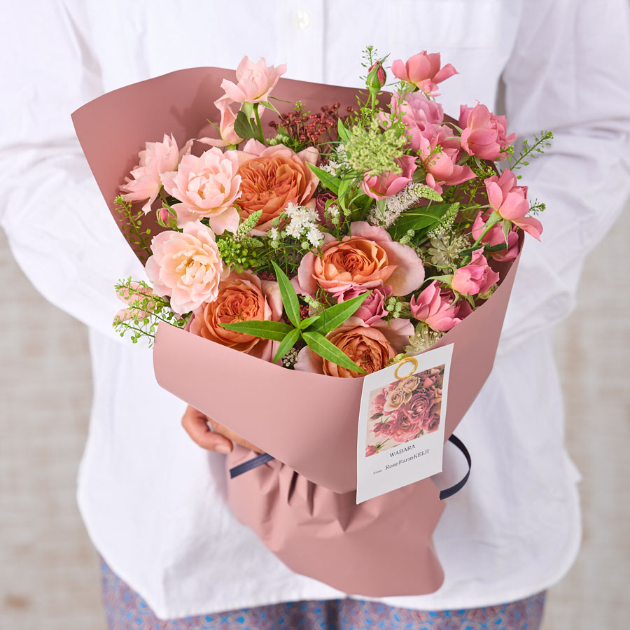 WABARA ローズファームケイジさんの【和ばら】ブーケ pink｜M Bouquet お誕生日やカジュアルなフラワーギフトにも最適な