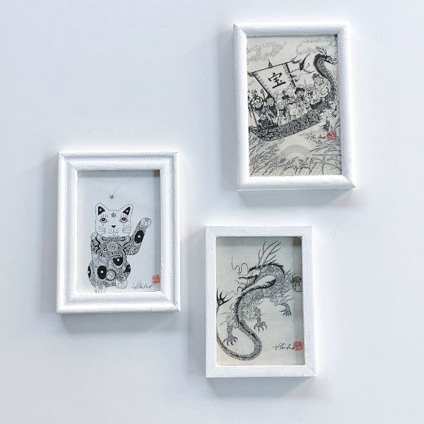 和紙プリント額装　招き猫/ドラゴン/七福神