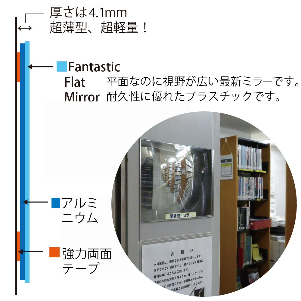 6941-5321）防犯ミラー FFミラー通路 左右用ミラー大サイズ W460×H330mm 厚み約4.1mm FT46 入数：1個  図書館用品,図書館サービス用品,防災・防犯用品,防犯ミラー サイフクオンライン 防犯ミラー