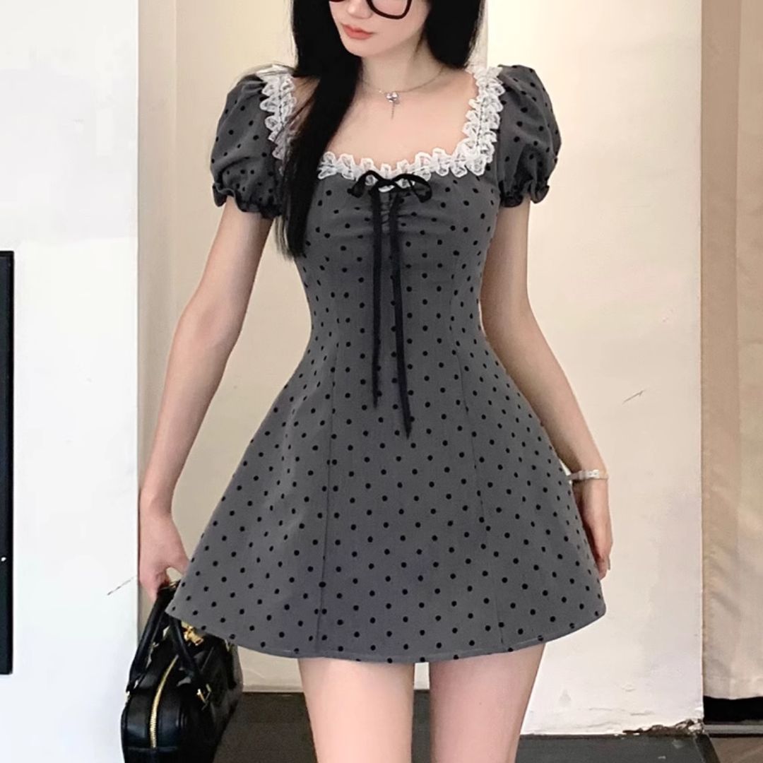 ダークグレー シースルーパフスリーブ ワンピース 黒ワンピース シースルー パフスリーブワンピース シースルー