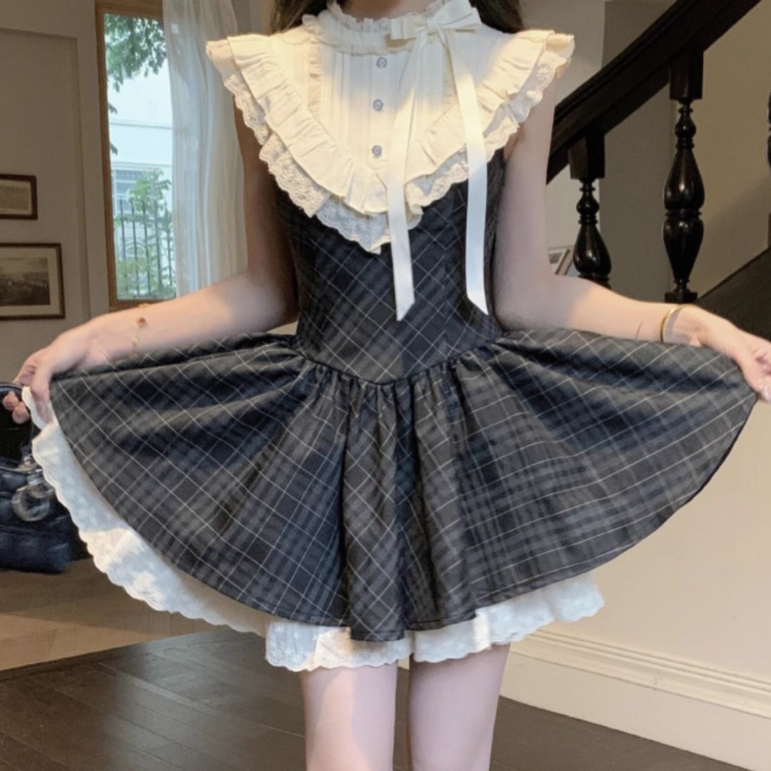 フロントフリルチェックフレアワンピース(NO.070713) | Dress
